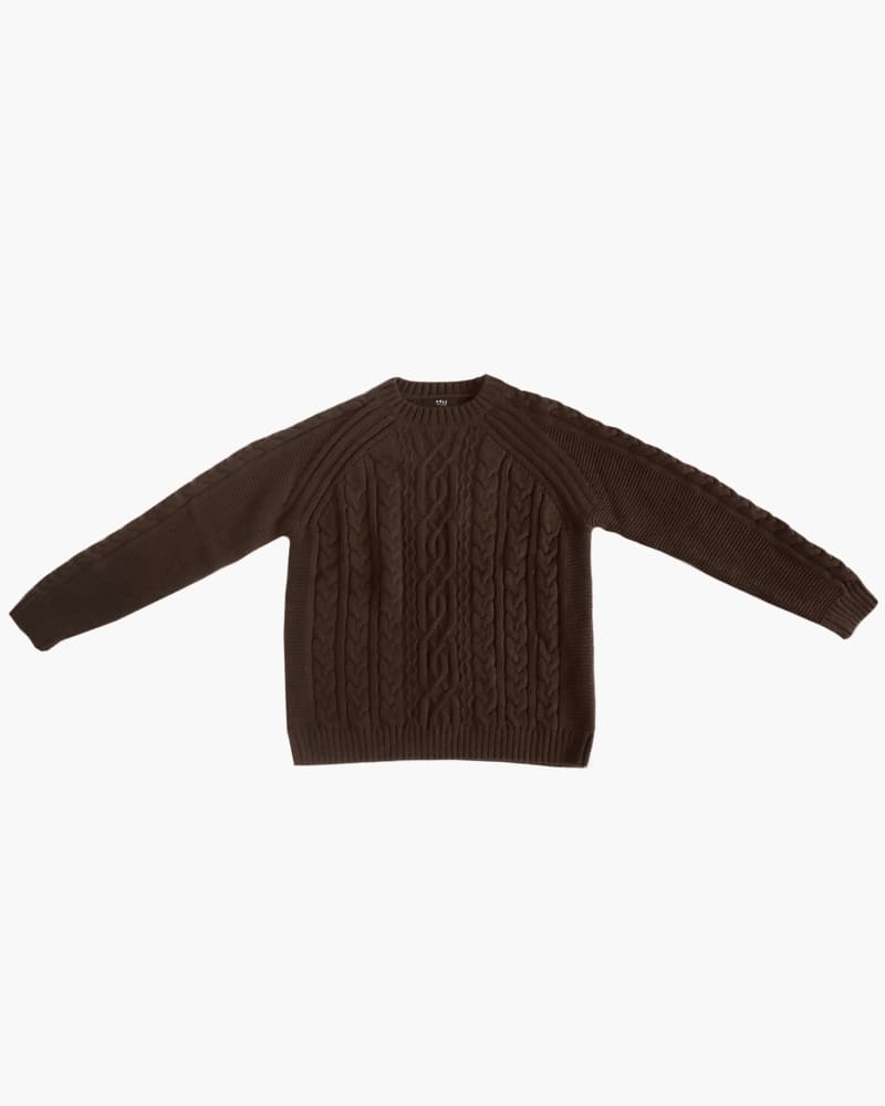Front of a size XXL Claudette Fisherman Sweater in Dark Oak by ABLE. | dia_product_style_image_id:310226